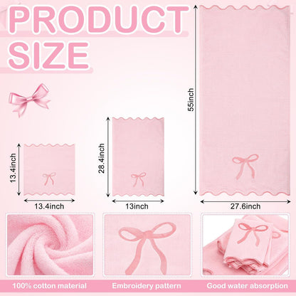 3 Pcs Pink Bow Bathroom Towel Set, Scalloped Coquette Fingertip Towels with Embroidery, 100% Cotton Absorbent Hand Towels for Bathroom, Kitchen, Wedding Gifts, Preppy Bath Decor