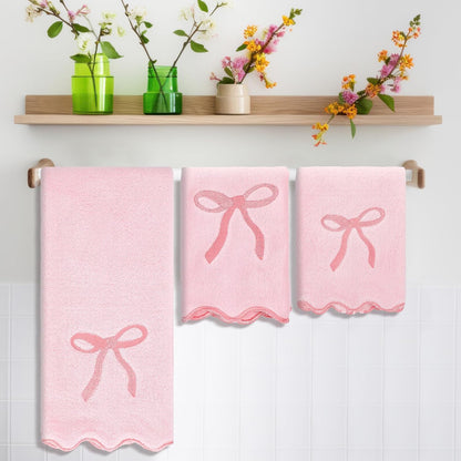 3 Pcs Pink Bow Bathroom Towel Set, Scalloped Coquette Fingertip Towels with Embroidery, 100% Cotton Absorbent Hand Towels for Bathroom, Kitchen, Wedding Gifts, Preppy Bath Decor