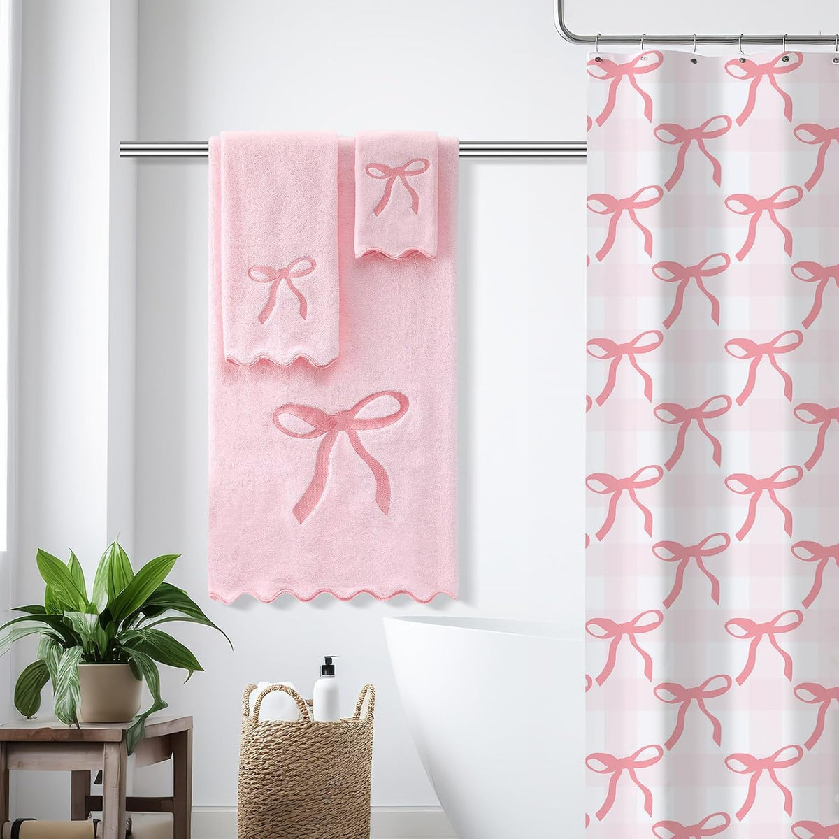 3 Pcs Pink Bow Bathroom Towel Set, Scalloped Coquette Fingertip Towels with Embroidery, 100% Cotton Absorbent Hand Towels for Bathroom, Kitchen, Wedding Gifts, Preppy Bath Decor