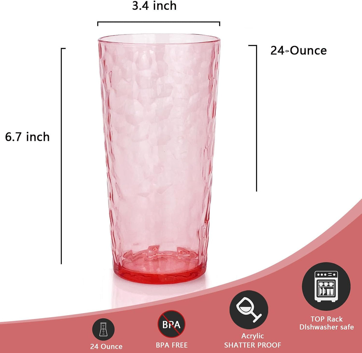 24-Ounce Plastic Tumbler Acrylic Drinking Glasses, Reusable Plastic Cups, Stackable, BPA-Free, Shatter Proof, Dishwasher Safe, Set of 8 (Pink)