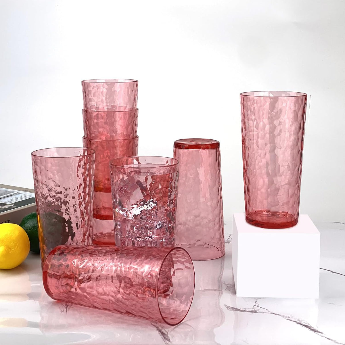 24-Ounce Plastic Tumbler Acrylic Drinking Glasses, Reusable Plastic Cups, Stackable, BPA-Free, Shatter Proof, Dishwasher Safe, Set of 8 (Pink)