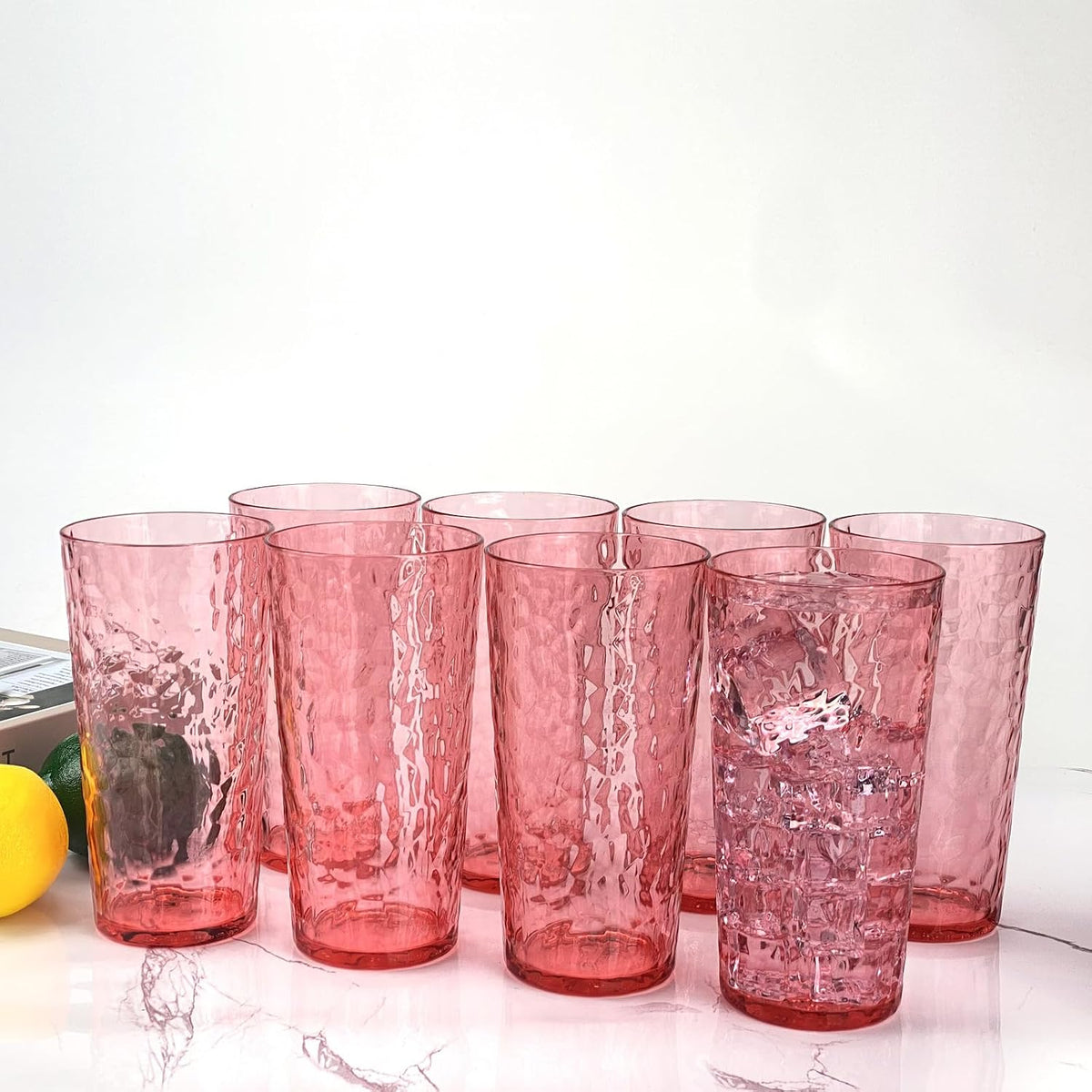24-Ounce Plastic Tumbler Acrylic Drinking Glasses, Reusable Plastic Cups, Stackable, BPA-Free, Shatter Proof, Dishwasher Safe, Set of 8 (Pink)
