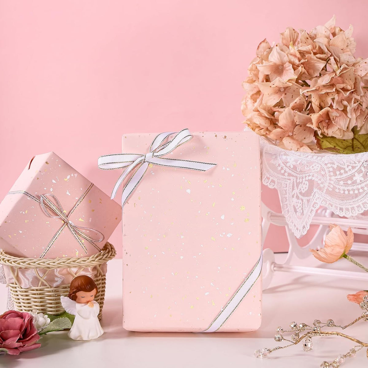 Pink Wrapping Paper Roll - Mini Roll - 17 Inch x 16.5 Feet - Pink Gold Design with Silky Touch Perfect for Birthday, Wedding, Baby Shower, Bridal Shower