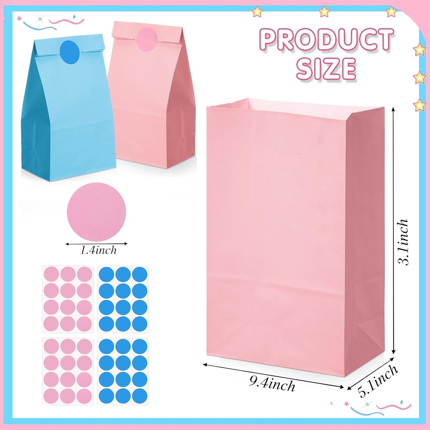 36 Pcs Pink Blue Party Favor Paper Bags Candy Paper Gift Bags with Stickers 5.1 x 3.2 x 9.5'' for Festival Holiday Baby Shower Birthday Wedding Party Anniversaries