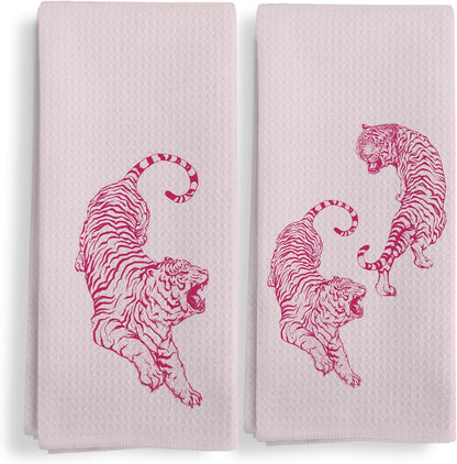 Preppy Pink Tiger Kitchen Towels, Coquette Trendy Tigers Kitchen Towels Decorative Set of 2, Preppy Room Decor, Tiger Decor, Retro Western Tiger Hand Dish Tea Towels for College Dorm 16X24In