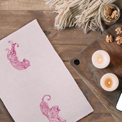 Preppy Pink Tiger Kitchen Towels, Coquette Trendy Tigers Kitchen Towels Decorative Set of 2, Preppy Room Decor, Tiger Decor, Retro Western Tiger Hand Dish Tea Towels for College Dorm 16X24In