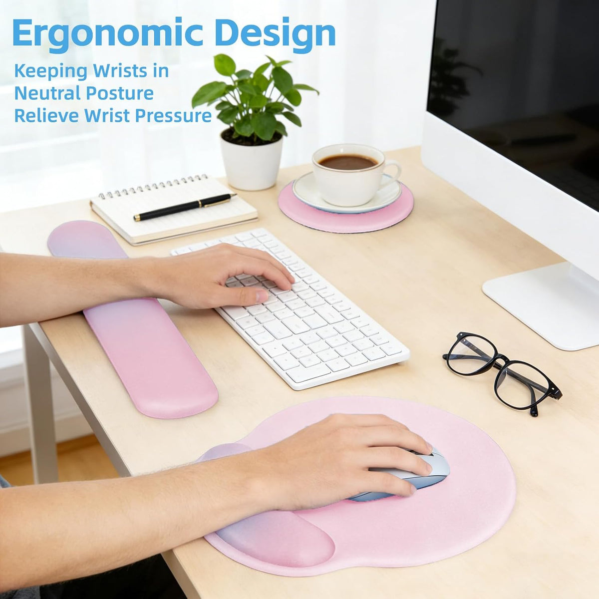 Wrist Rest Support for Mouse Pad&Keyboard Set,Circle Curved Ergonomic Mouse pad Non-Slip Base，Gaming Mouse pad Arm Cushion Support for Computer Office Desk Accessories Cute Setup,Light Pink