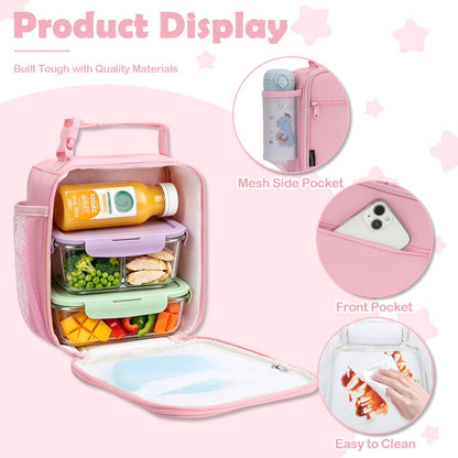 Kids Lunch box Insulated Soft Bag Mini Cooler Back to School Thermal Meal Tote Kit for Girls, Boys, Pink