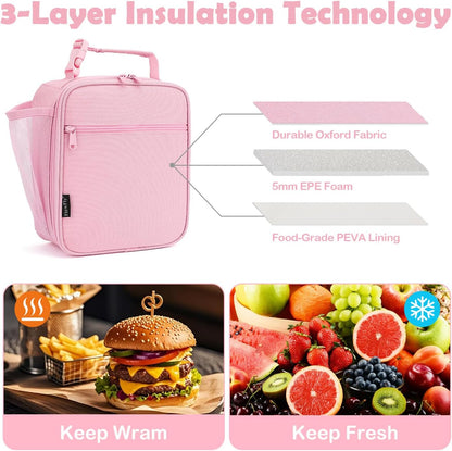 Kids Lunch box Insulated Soft Bag Mini Cooler Back to School Thermal Meal Tote Kit for Girls, Boys, Pink