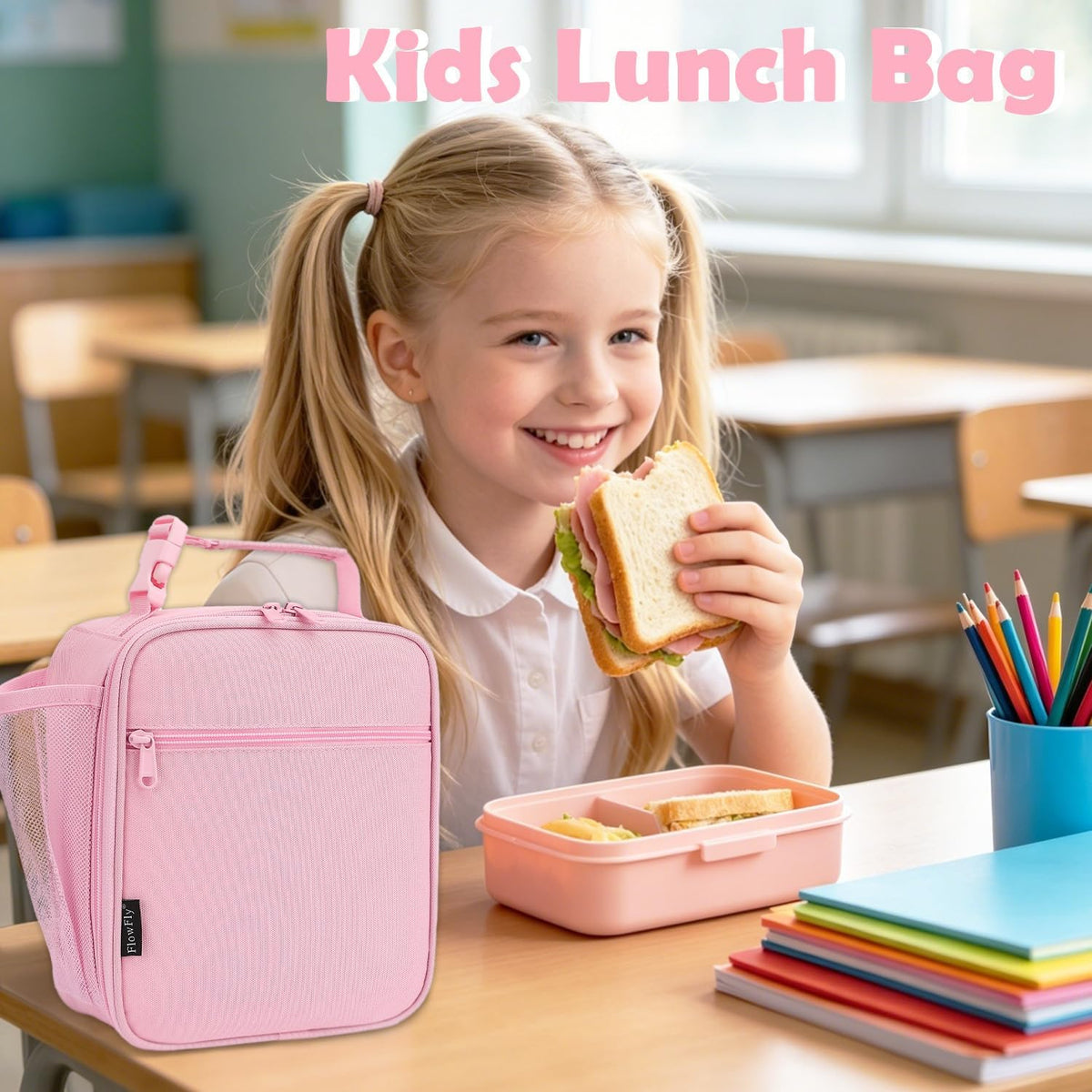 Kids Lunch box Insulated Soft Bag Mini Cooler Back to School Thermal Meal Tote Kit for Girls, Boys, Pink