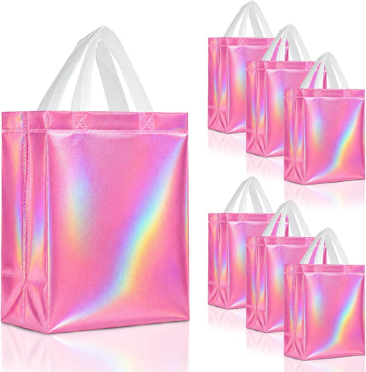 Pink Iridescent Gift Bags Bulk Medium Size – Set of 30 Reusable Holographic Pink Gift Bags Bulk With Handles - For Small Business, Bridal Shower, Birthday Party Favor, Christmas – 8x4x10