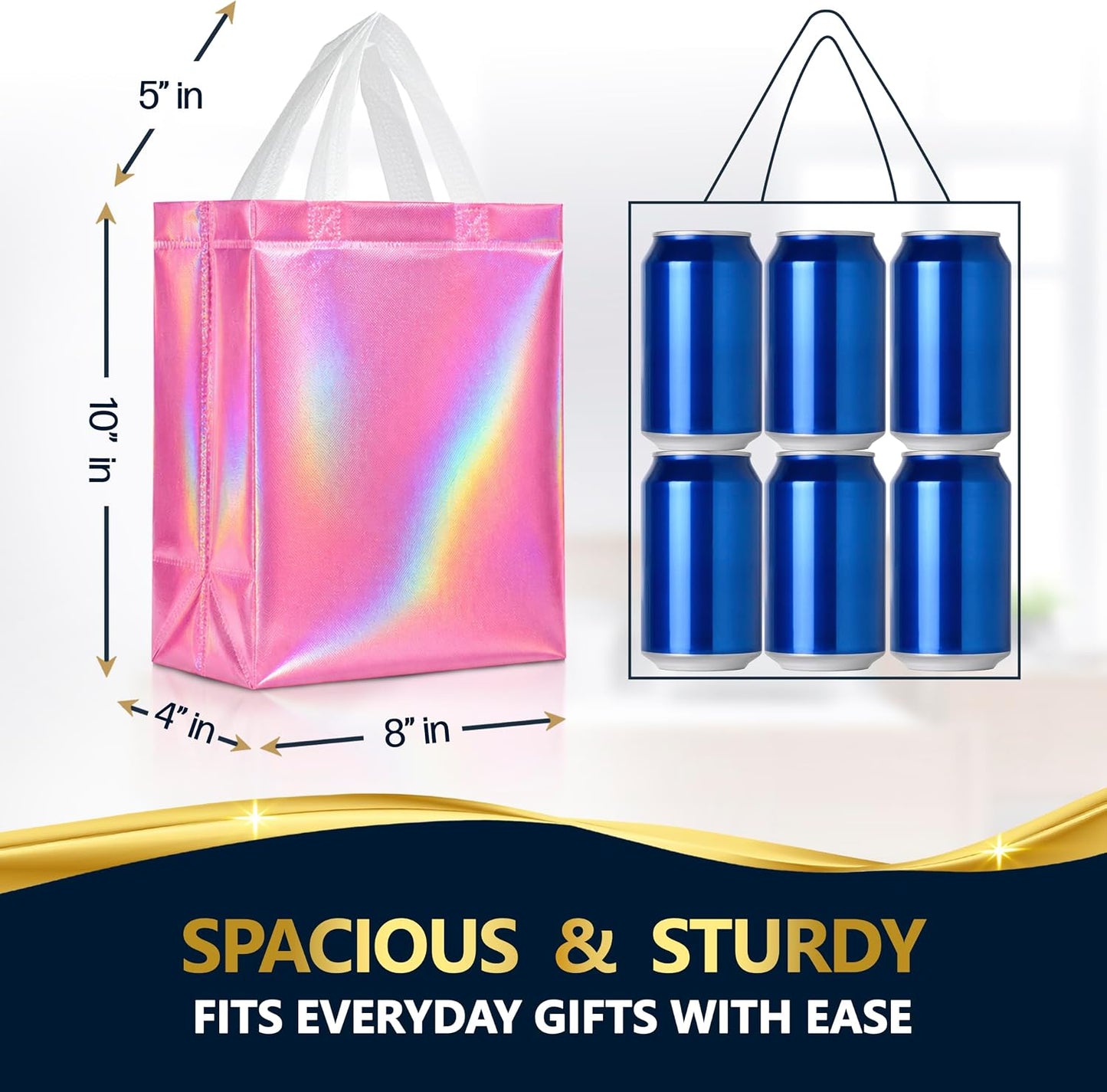 Pink Iridescent Gift Bags Bulk Medium Size – Set of 30 Reusable Holographic Pink Gift Bags Bulk With Handles - For Small Business, Bridal Shower, Birthday Party Favor, Christmas – 8x4x10
