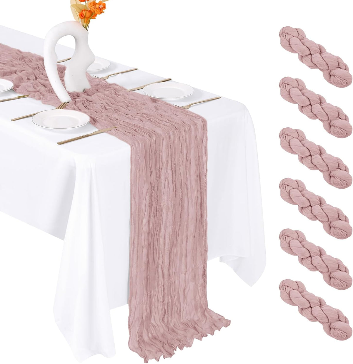 6 Pack Dusty Pink Cheesecloth Table Runner 20 x 120 Inch Gauze Table Runner Fabric Semi Sheer Cheese Cloth Table Decor Bulk for Rustic Romantic Wedding Baby Shower Party Table Decoration