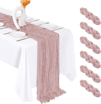 6 Pack Dusty Pink Cheesecloth Table Runner 20 x 120 Inch Gauze Table Runner Fabric Semi Sheer Cheese Cloth Table Decor Bulk for Rustic Romantic Wedding Baby Shower Party Table Decoration