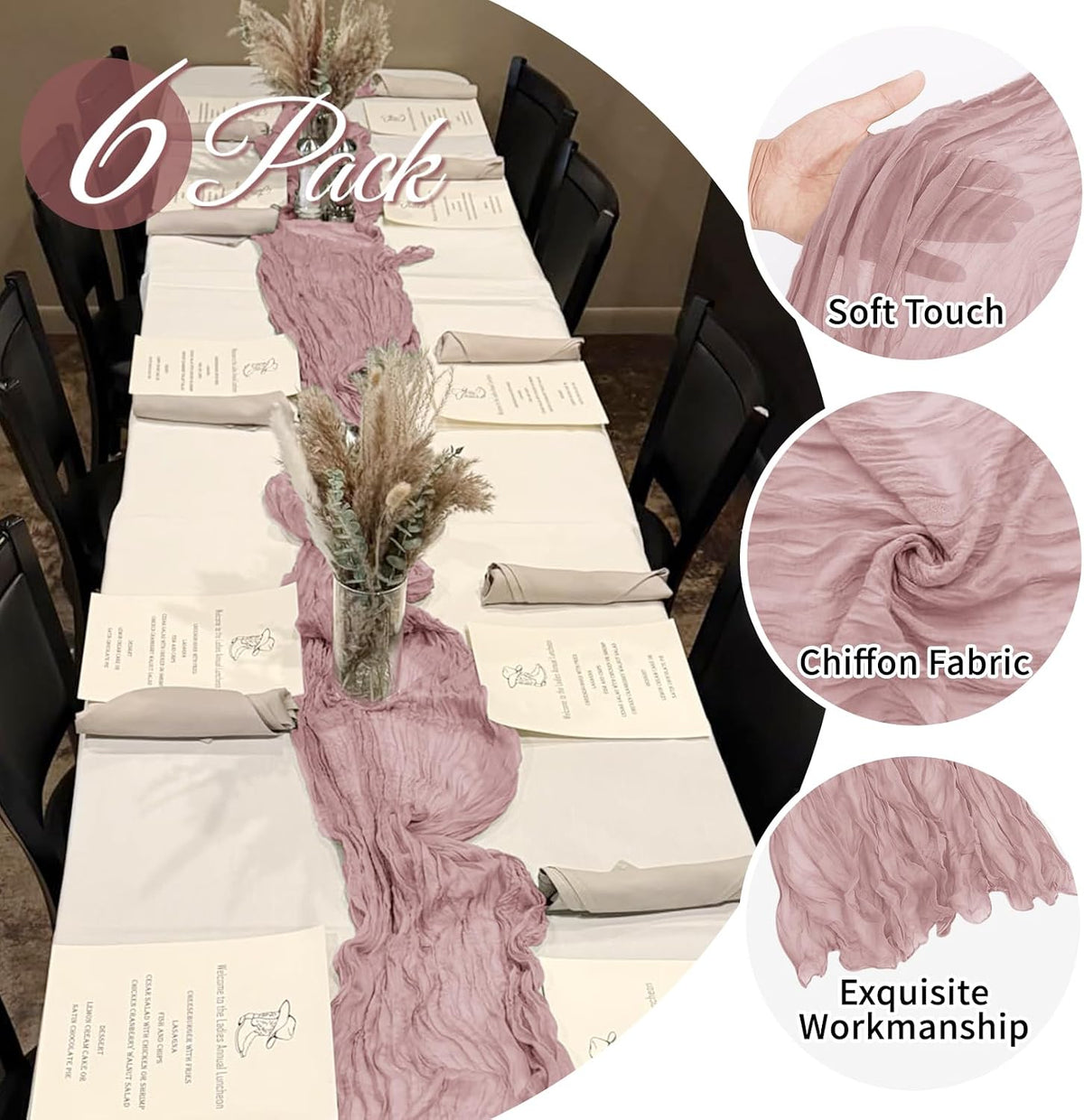 6 Pack Dusty Pink Cheesecloth Table Runner 20 x 120 Inch Gauze Table Runner Fabric Semi Sheer Cheese Cloth Table Decor Bulk for Rustic Romantic Wedding Baby Shower Party Table Decoration