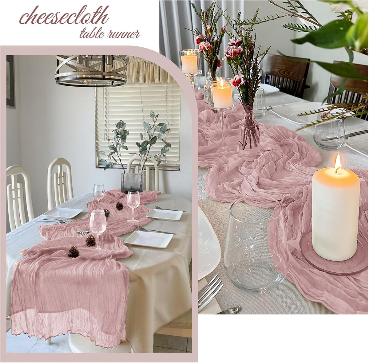 6 Pack Dusty Pink Cheesecloth Table Runner 20 x 120 Inch Gauze Table Runner Fabric Semi Sheer Cheese Cloth Table Decor Bulk for Rustic Romantic Wedding Baby Shower Party Table Decoration