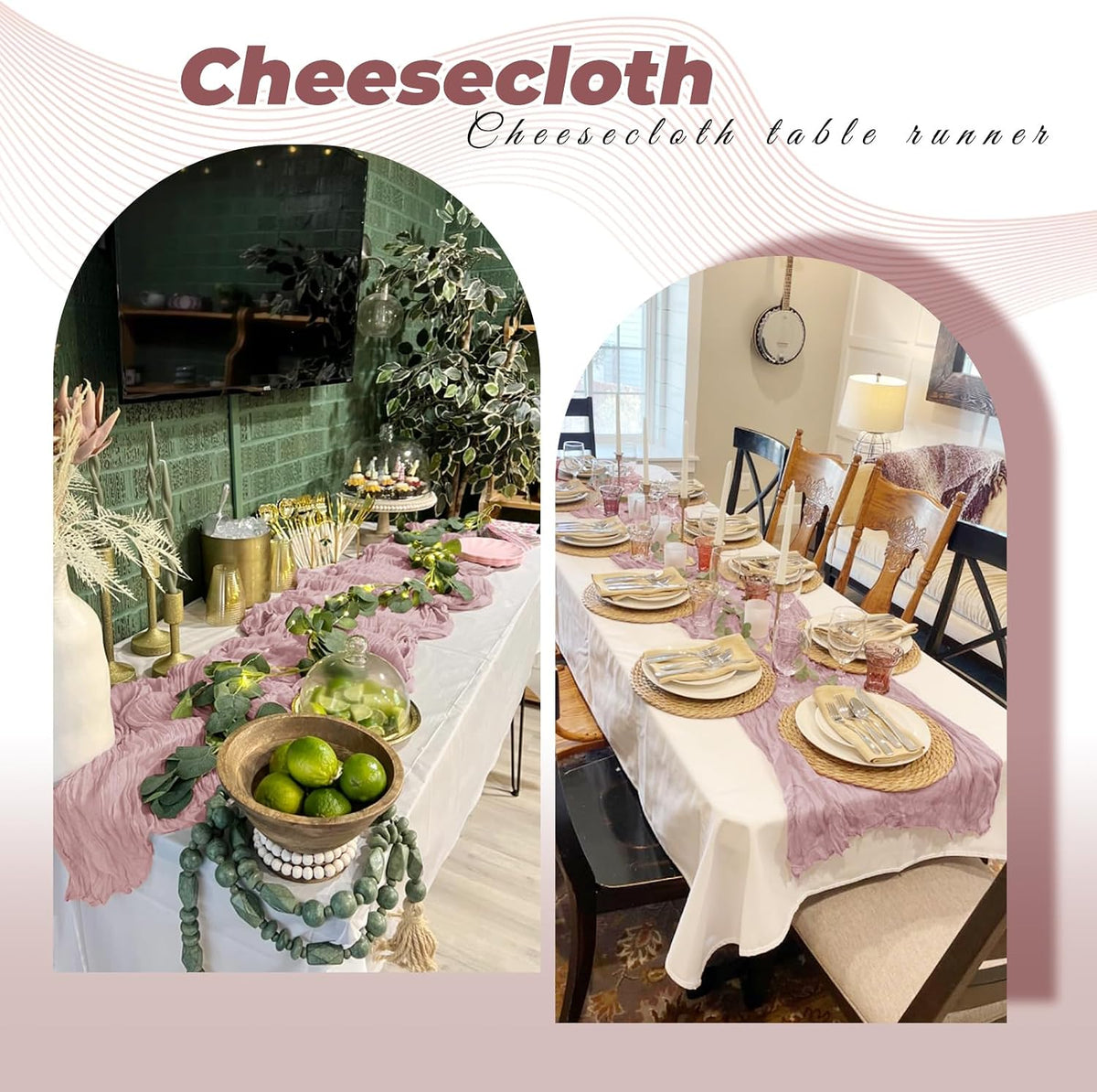 6 Pack Dusty Pink Cheesecloth Table Runner 20 x 120 Inch Gauze Table Runner Fabric Semi Sheer Cheese Cloth Table Decor Bulk for Rustic Romantic Wedding Baby Shower Party Table Decoration