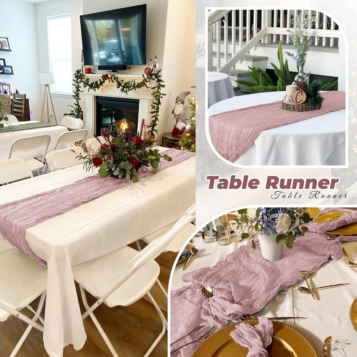 6 Pack Dusty Pink Cheesecloth Table Runner 20 x 120 Inch Gauze Table Runner Fabric Semi Sheer Cheese Cloth Table Decor Bulk for Rustic Romantic Wedding Baby Shower Party Table Decoration