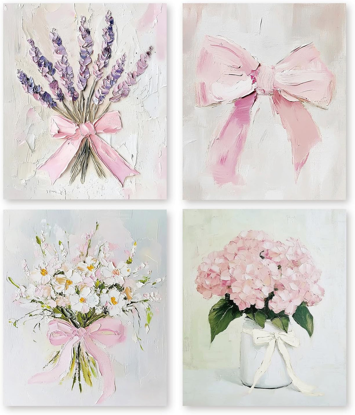4 Pack Pink Coquette Bow Floral Diamond Art Kits, Wildflower Hydrangea Lavender Flower Gem Diamond Painting Art Kits for Adults Kids Beginners, Preppy Coquette Girly Room Decor 9.8x11.8 Inch