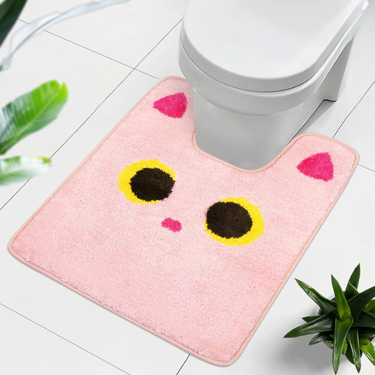 Toilet Rug,Soft Cat Design Toilet Mat,Non Slip and Absorbent Bath Rug,U Shaped Washable Contour Bath Rugs for Toilet Base(Pink, 24" x 20")
