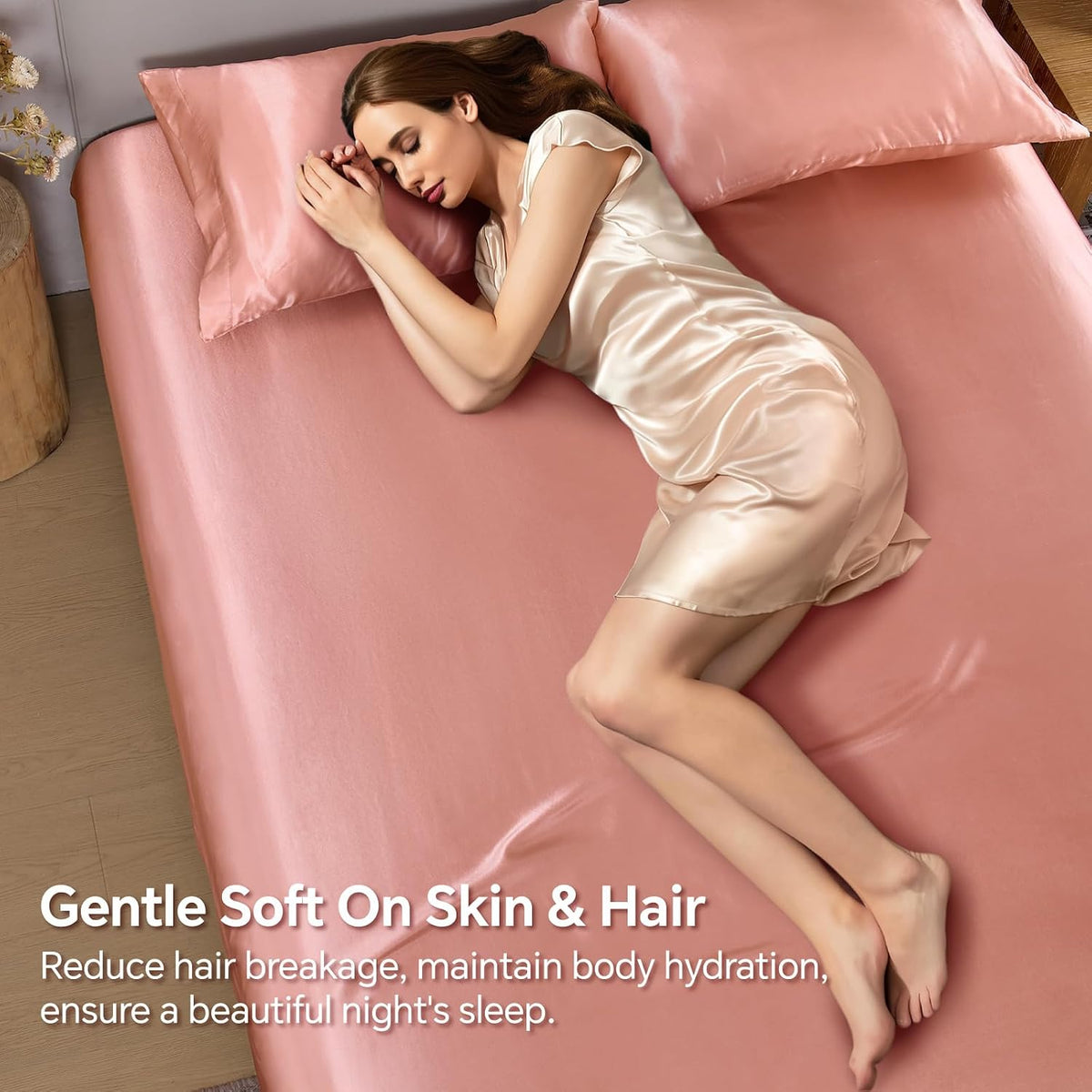 Satin Fitted Sheet Queen with Elastic Corner Straps, Rose Pink