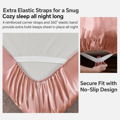 Satin Fitted Sheet Queen with Elastic Corner Straps, Rose Pink