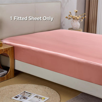 Satin Fitted Sheet Queen with Elastic Corner Straps, Rose Pink