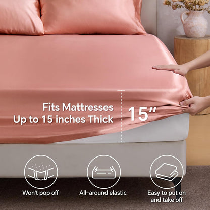 Satin Fitted Sheet Queen with Elastic Corner Straps, Rose Pink