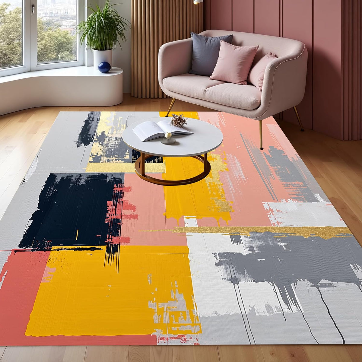 Minimalist Modern Abstract Rug for Living Room Nursery Bedroom Dining Room Faux Wool Home Office Playroom 4x6 Floor Carpet with Oil Painting Texture Black and Peach Pink Indoor Washable Area Rugs
