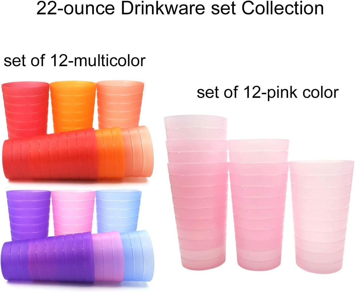Mixed Drinkware 22-ounce Plastic Tumblers/Drinking Glasses/Party Cups/Iced Tea Glasses, Set of 12 Pink | Unbreakable, Dishwasher Safe, BPA Free