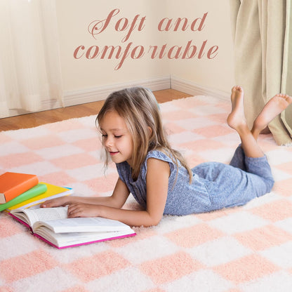 Super Soft Rug for Bedroom, 4x6 Ft Pink and White Area Rug Classic Checkered Shaggy Anti-Skid High Pile Soft Fluffy Rug Fuzzy Carpet for Living Room Bedroom Kids Room Nursery, Dorm Home Decor