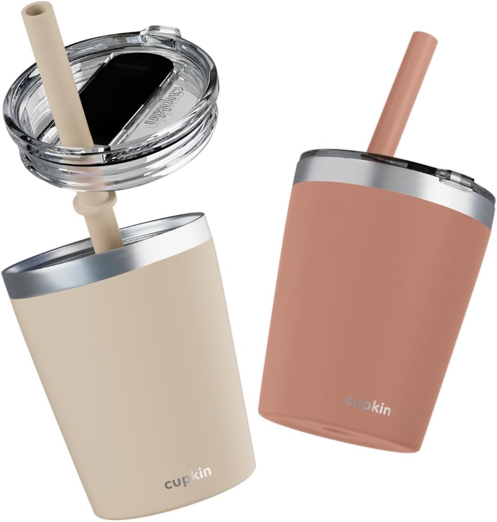 Toddler Straw Cup, The Original 8 oz Stackable Stainless Steel Toddler Cups, Set of 2 Powder Coated Insulated Kids Straw Cups + BPA Free Lids + Reusable Silicone Straws (Brown + Peach)