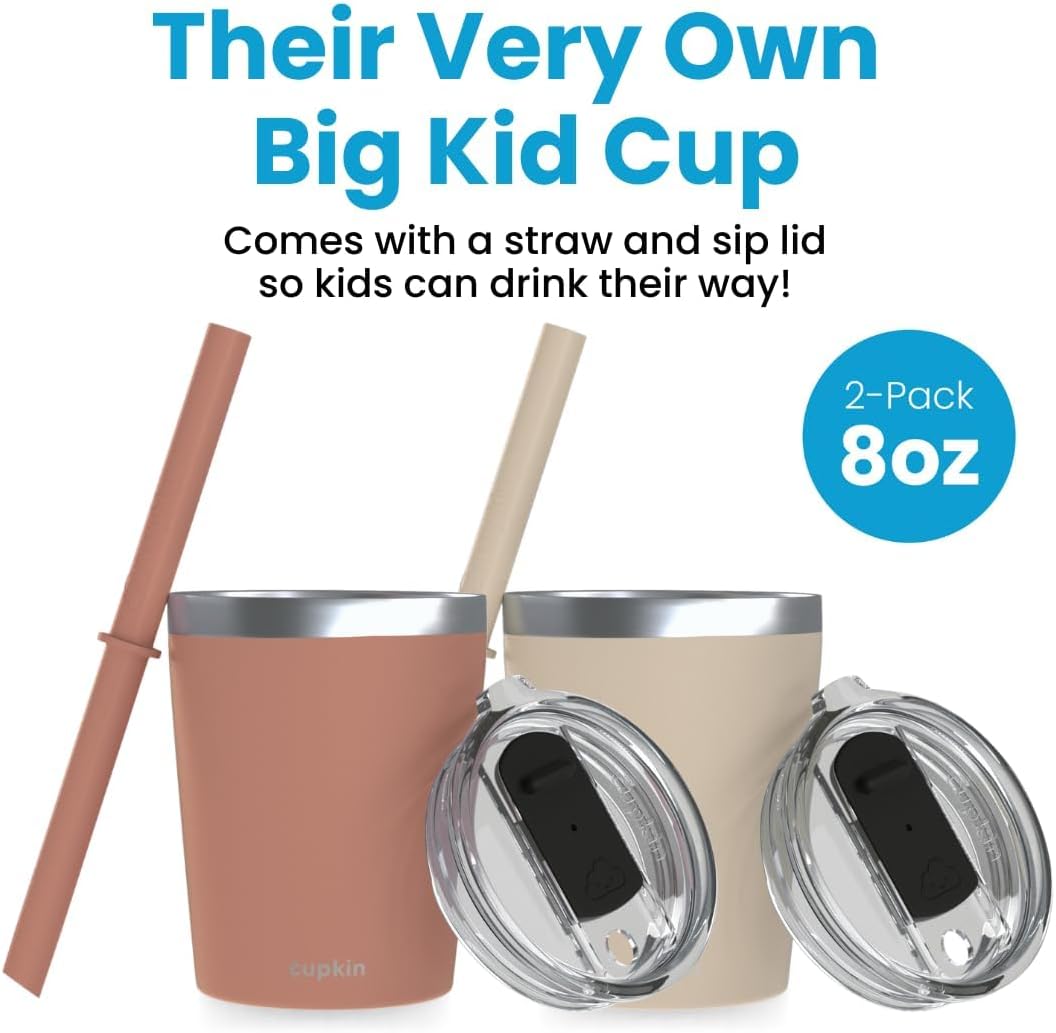 Toddler Straw Cup, The Original 8 oz Stackable Stainless Steel Toddler Cups, Set of 2 Powder Coated Insulated Kids Straw Cups + BPA Free Lids + Reusable Silicone Straws (Brown + Peach)