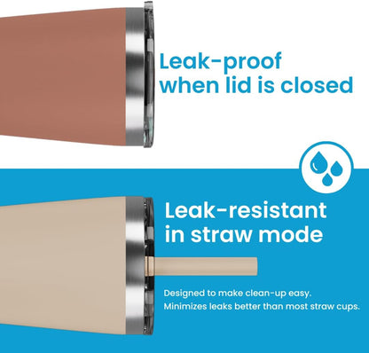 Toddler Straw Cup, The Original 8 oz Stackable Stainless Steel Toddler Cups, Set of 2 Powder Coated Insulated Kids Straw Cups + BPA Free Lids + Reusable Silicone Straws (Brown + Peach)