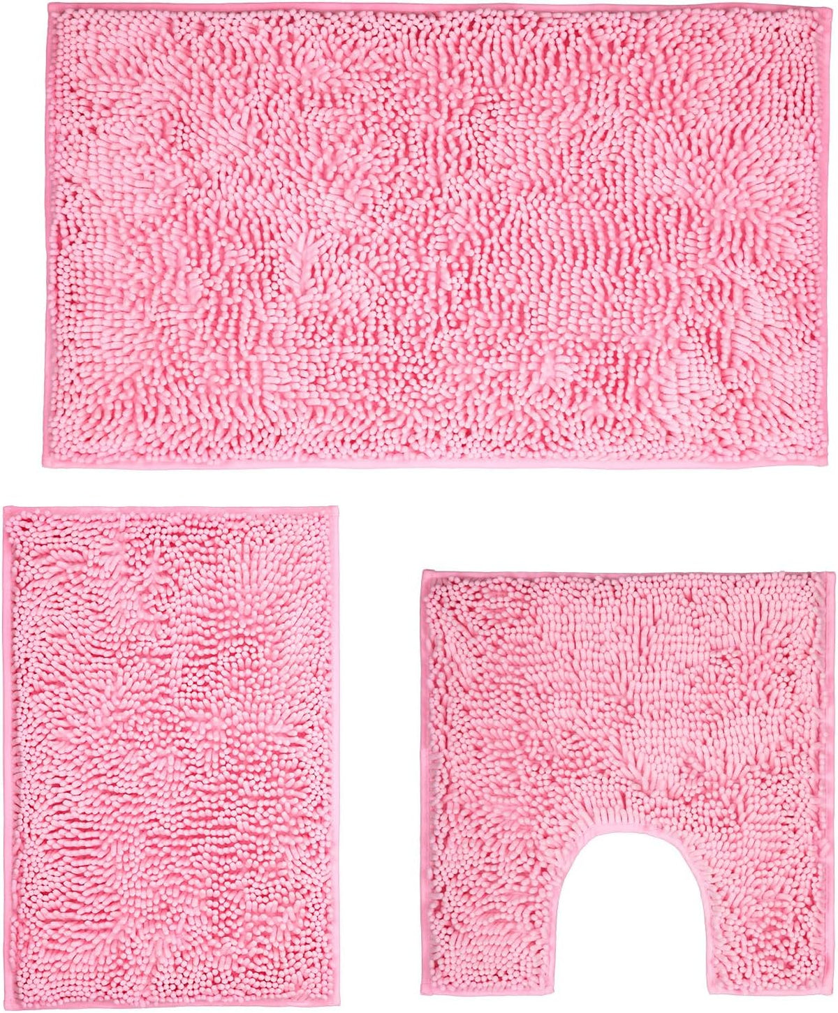 Pink Bathroom Rugs Sets 3 Piece Washable, Luxury ，Chenille Bath Mat Set, Soft Plush Anti-Slip Rectangular Bath， Rug Super Absorbent.3 Pieces Bathroom (Pink, 32"x20"+24"x16"+U Shape 20"x20")