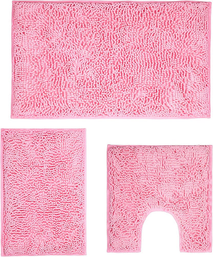 Pink Bathroom Rugs Sets 3 Piece Washable, Luxury ，Chenille Bath Mat Set, Soft Plush Anti-Slip Rectangular Bath， Rug Super Absorbent.3 Pieces Bathroom (Pink, 32"x20"+24"x16"+U Shape 20"x20")