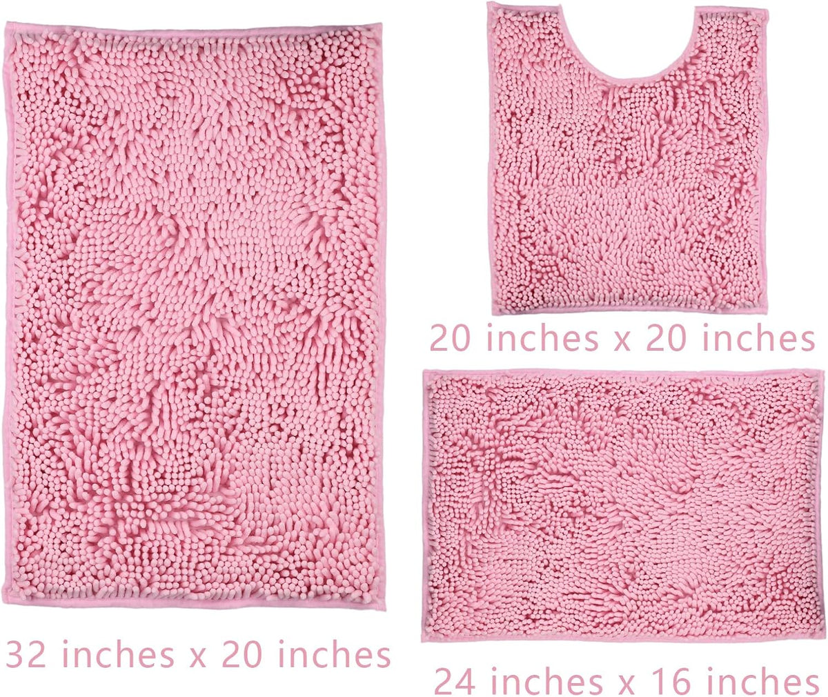 Pink Bathroom Rugs Sets 3 Piece Washable, Luxury ，Chenille Bath Mat Set, Soft Plush Anti-Slip Rectangular Bath， Rug Super Absorbent.3 Pieces Bathroom (Pink, 32"x20"+24"x16"+U Shape 20"x20")