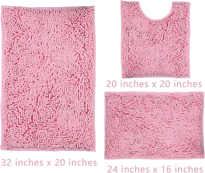 Pink Bathroom Rugs Sets 3 Piece Washable, Luxury ，Chenille Bath Mat Set, Soft Plush Anti-Slip Rectangular Bath， Rug Super Absorbent.3 Pieces Bathroom (Pink, 32"x20"+24"x16"+U Shape 20"x20")