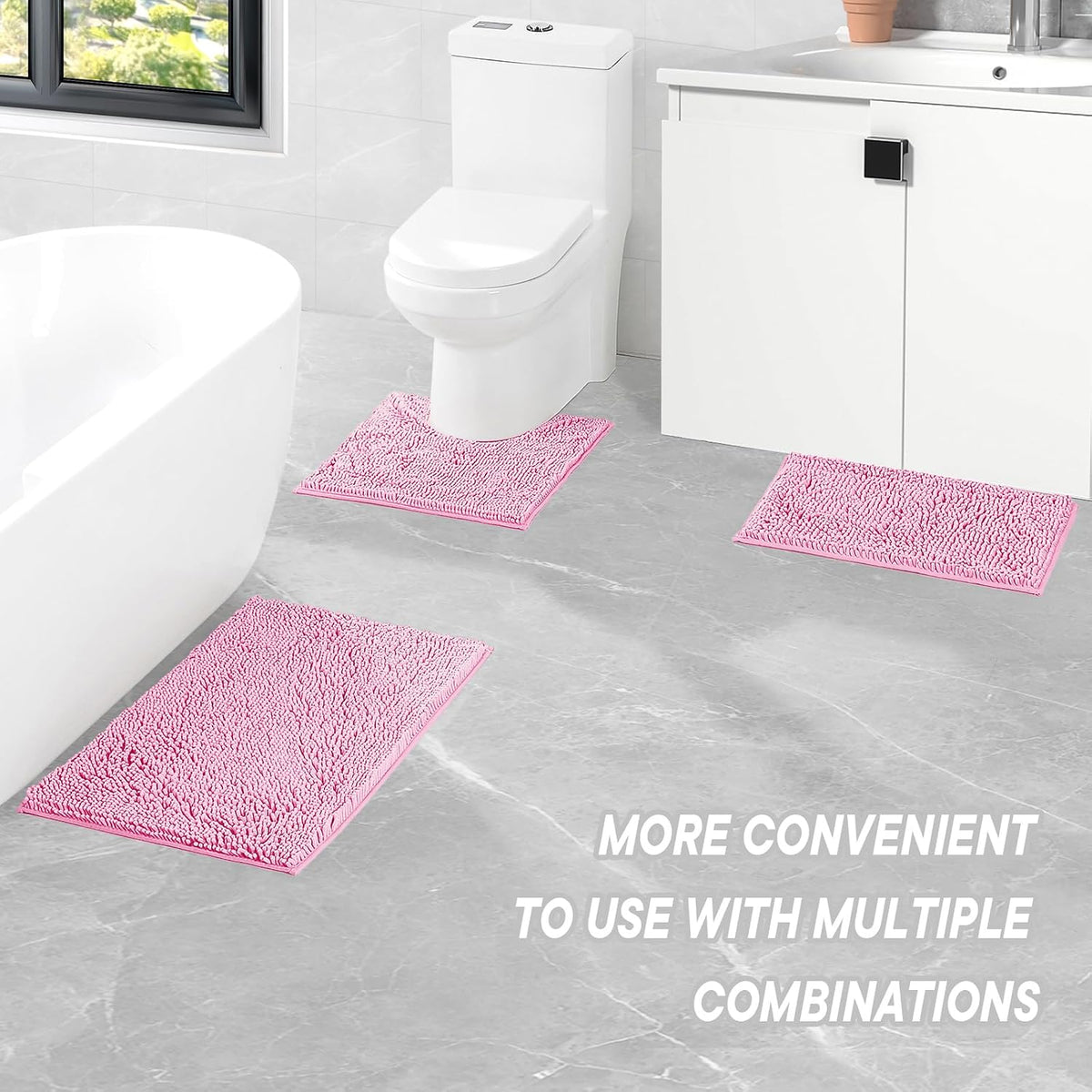 Pink Bathroom Rugs Sets 3 Piece Washable, Luxury ，Chenille Bath Mat Set, Soft Plush Anti-Slip Rectangular Bath， Rug Super Absorbent.3 Pieces Bathroom (Pink, 32"x20"+24"x16"+U Shape 20"x20")