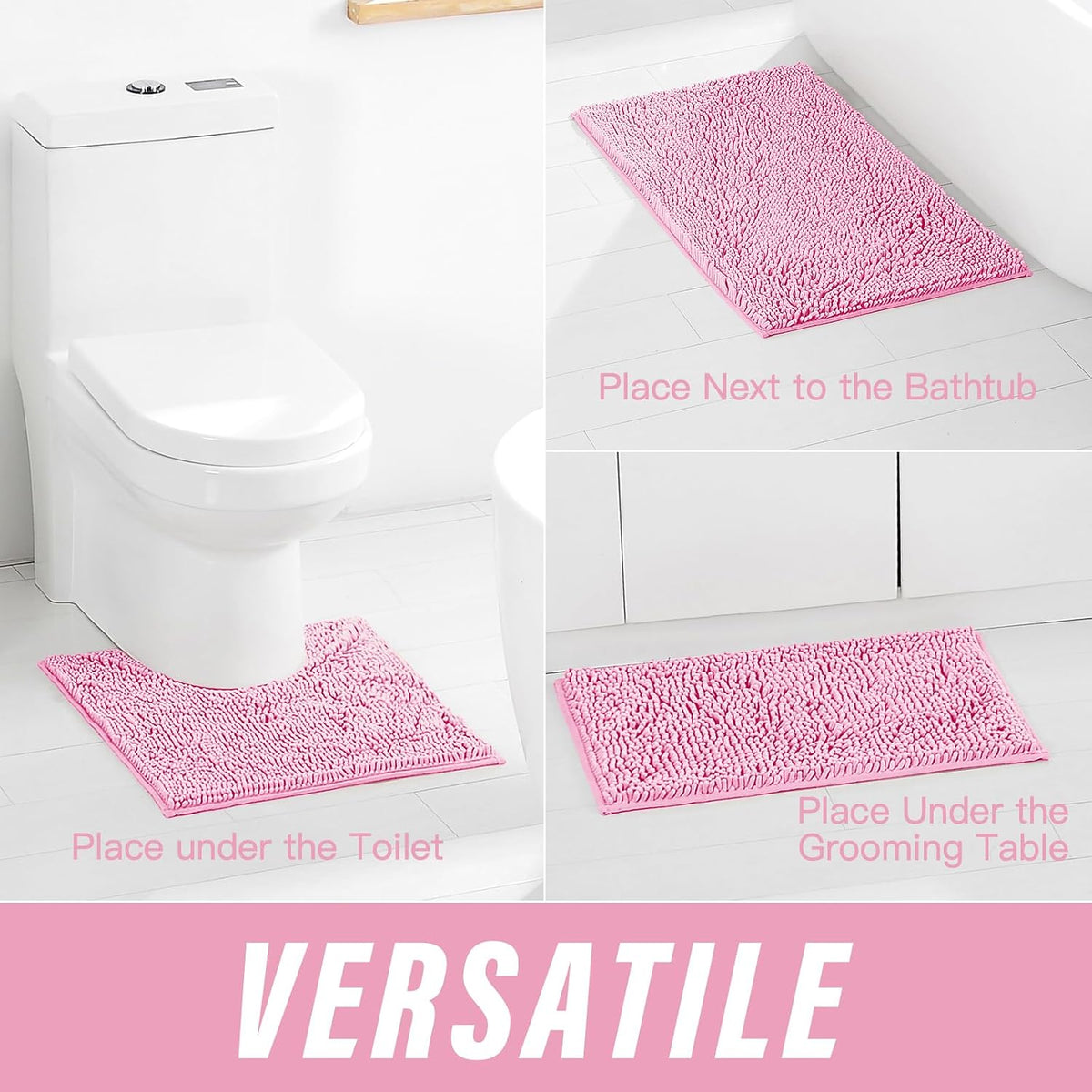 Pink Bathroom Rugs Sets 3 Piece Washable, Luxury ，Chenille Bath Mat Set, Soft Plush Anti-Slip Rectangular Bath， Rug Super Absorbent.3 Pieces Bathroom (Pink, 32"x20"+24"x16"+U Shape 20"x20")