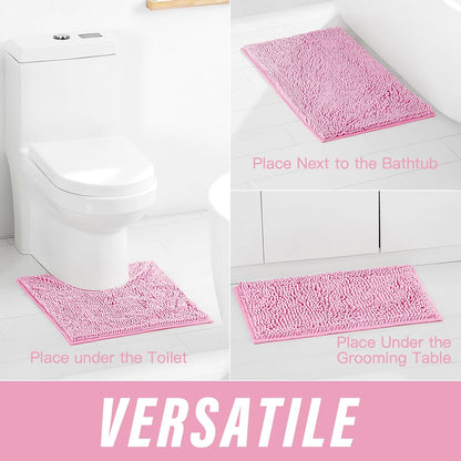 Pink Bathroom Rugs Sets 3 Piece Washable, Luxury ，Chenille Bath Mat Set, Soft Plush Anti-Slip Rectangular Bath， Rug Super Absorbent.3 Pieces Bathroom (Pink, 32"x20"+24"x16"+U Shape 20"x20")