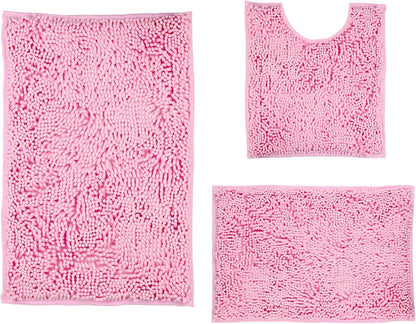 Pink Bathroom Rugs Sets 3 Piece Washable, Luxury ，Chenille Bath Mat Set, Soft Plush Anti-Slip Rectangular Bath， Rug Super Absorbent.3 Pieces Bathroom (Pink, 32"x20"+24"x16"+U Shape 20"x20")