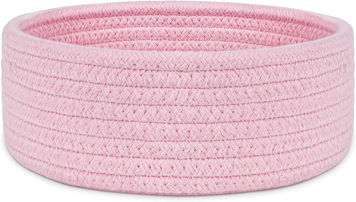 Small Woven Basket, Empty Tiny Shallow Storage Baskets, Mini Cotton Rope Baskets, Round Decorative Hamper, Basket Storage Bins for Toys, Spa, Socks, Nursery, Living Room- Pink