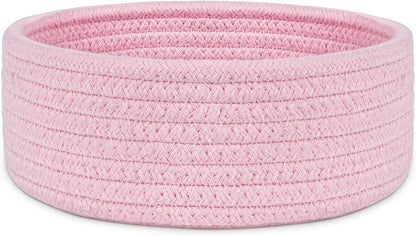 Small Woven Basket, Empty Tiny Shallow Storage Baskets, Mini Cotton Rope Baskets, Round Decorative Hamper, Basket Storage Bins for Toys, Spa, Socks, Nursery, Living Room- Pink