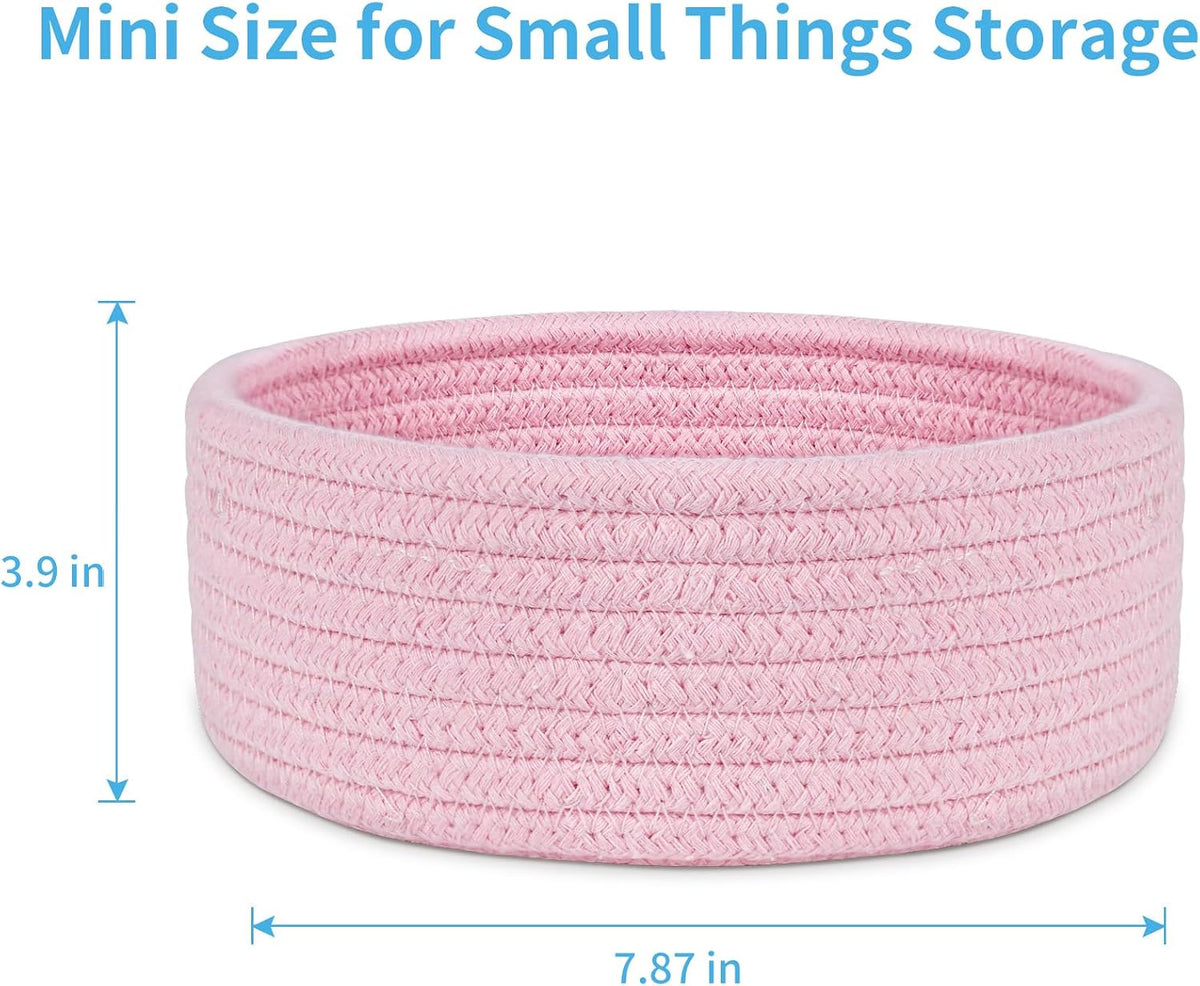 Small Woven Basket, Empty Tiny Shallow Storage Baskets, Mini Cotton Rope Baskets, Round Decorative Hamper, Basket Storage Bins for Toys, Spa, Socks, Nursery, Living Room- Pink