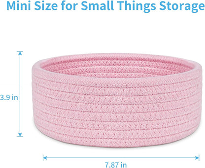 Small Woven Basket, Empty Tiny Shallow Storage Baskets, Mini Cotton Rope Baskets, Round Decorative Hamper, Basket Storage Bins for Toys, Spa, Socks, Nursery, Living Room- Pink