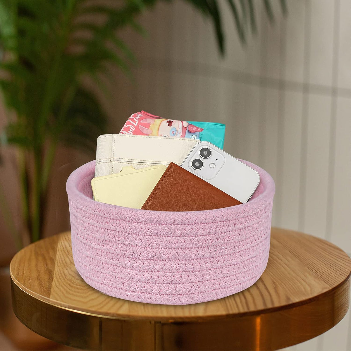 Small Woven Basket, Empty Tiny Shallow Storage Baskets, Mini Cotton Rope Baskets, Round Decorative Hamper, Basket Storage Bins for Toys, Spa, Socks, Nursery, Living Room- Pink