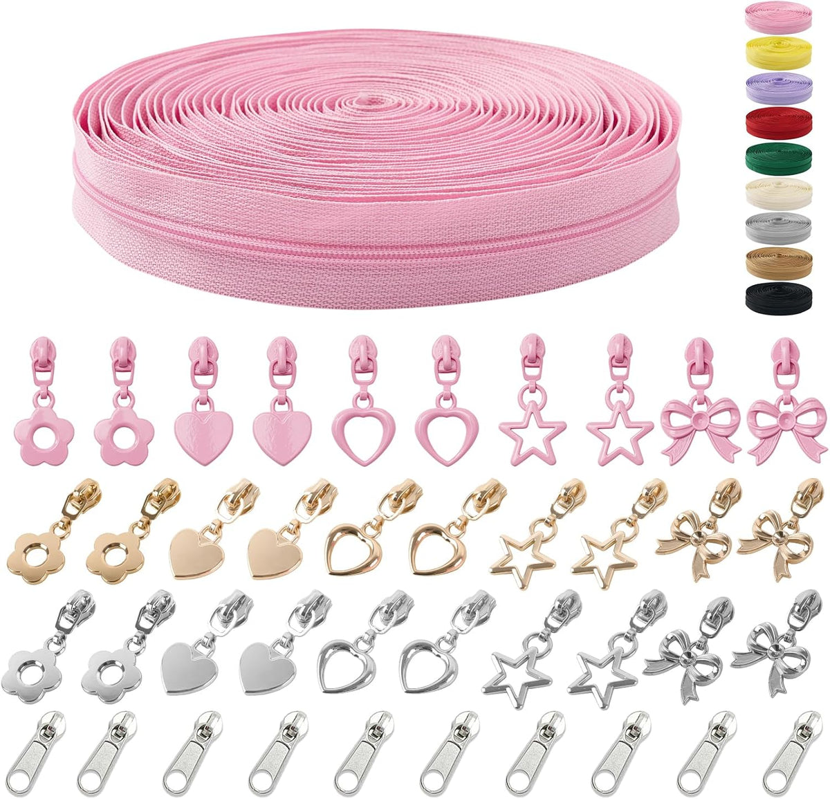 10 Yards Sewing Zipper Tapes with 40 pcs Assorted Charm Pulls Bulk Nylon Coil Zippers for Bags and Purses Tailor DIY Craft Sewing Supplies (#3 Pink)