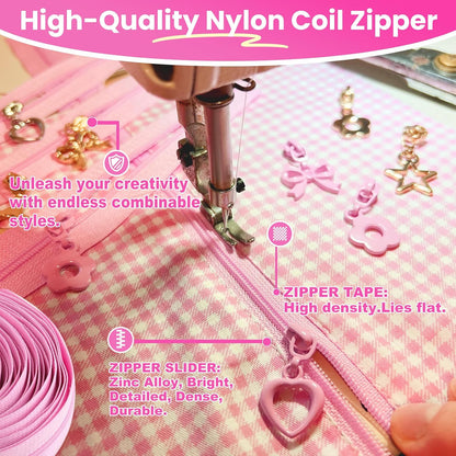 10 Yards Sewing Zipper Tapes with 40 pcs Assorted Charm Pulls Bulk Nylon Coil Zippers for Bags and Purses Tailor DIY Craft Sewing Supplies (#3 Pink)