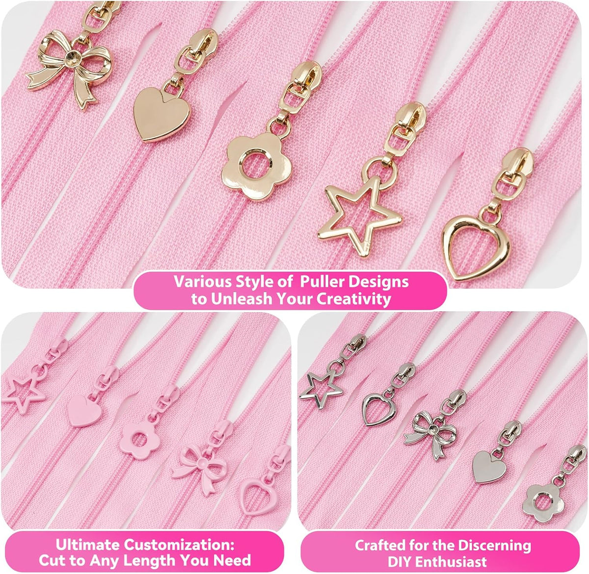 10 Yards Sewing Zipper Tapes with 40 pcs Assorted Charm Pulls Bulk Nylon Coil Zippers for Bags and Purses Tailor DIY Craft Sewing Supplies (#3 Pink)